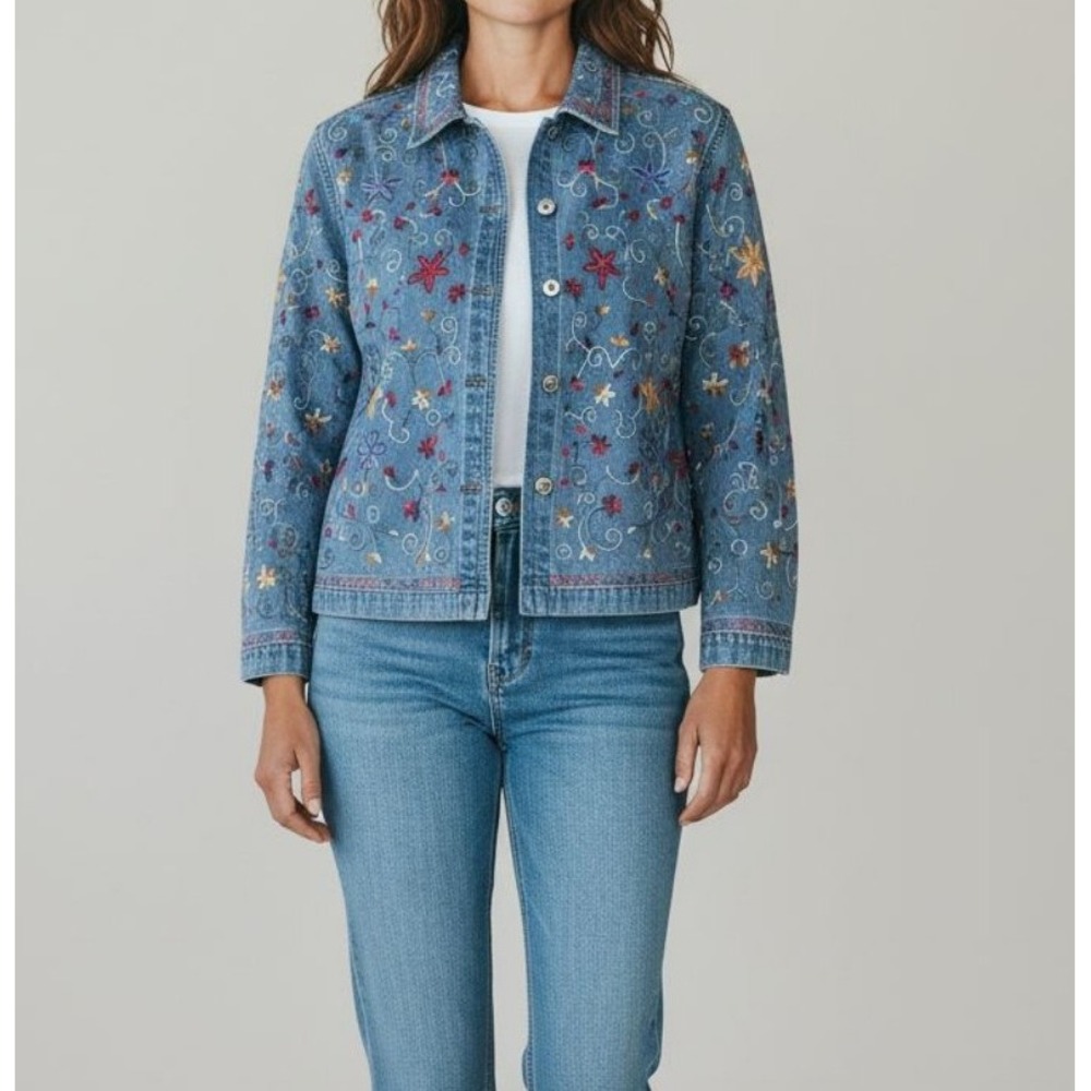 Life styles, denim, embroidered women's jacket, small